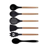 Kitchen Design Lab Siyah Bambu Silikon 6'lı Mutfak Seti, Kepçe, Kaşık, Kevgir, Makarna Kavanozu, Spatula, Silikon Kaşık