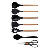 Kitchen Design Lab Siyah Bambu Silikon 7'li Mutfak Seti, Kepçe, Kaşık, Kevgir, Makarna Kepçesi, Spatula, Makas