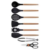 Kitchen Design Lab Siyah Bambu Silikon 8'li Mutfak Seti, Kepçe, Kaşık, Kevgir, Makarna Kaşığı, Spatula, Metal Maşa, Makas