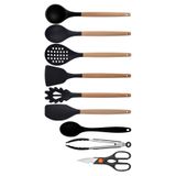 Kitchen Design Lab Siyah Bambu Silikon 9'lu Mutfak Seti, Kepçe, Kaşık, Kevgir, Makarna Sunumu, Spatula, Makas, Metal Maşa