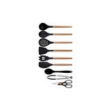 Kitchen Design Lab Siyah Bambu Silikon Kepçe Kaşık Kevgir Makarna 2 Spatula Makas Silikon Kaşık Metal Maşa Seti