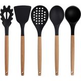 Kitchen Design Lab Siyah Bambu Silikon - Kepçe, Kaşık, Kevgir, Makarna, 2 Spatula, Silikon Maşa, Makas, Çırpıcı, 9 Adet