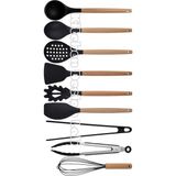 Kitchen Design Lab Siyah Bambu Silikon - Kepçe, Kaşık, Kevgir, Makarna, 2 Spatula, Silikon Metal Maşa, Çırpıcı 9 Adet - Koyu Siyah