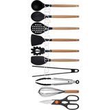 Kitchen Design Lab Siyah Bambu Silikon - Kepçe, Kaşık, Kevgir, Makarna, 2 Spatula, Silikon Metal Maşa, Makas, Çırpıcı - Koyu Siyah