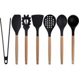 Kitchen Design Lab Siyah Bambu Silikon - Kepçe, Kaşık, Kevgir, Makarna, Açılı - Düz Spatula, Silikon Maşa 7 li Set - Koyu Siyah
