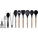 Kitchen Design Lab Siyah Bambu Silikon - Kepçe, Kaşık, Kevgir, Makarna, Açılı - Düz Spatula, Silikon - Metal Maşa, Silikon Kaşık, Makas 10 lu Set - Koyu Siyah