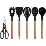 Kitchen Design Lab Siyah Bambu Silikon - Kepçe, Kaşık, Kevgir, Makarna, Açılı Spatula, Makas 6 lı Set - Koyu Siyah