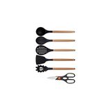 Kitchen Design Lab Siyah Bambu Silikon Kepçe Kaşık Kevgir Makarna Açılı Spatula Makas 6'lı Set