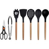 Kitchen Design Lab Siyah Bambu Silikon - Kepçe, Kaşık, Kevgir, Makarna, Açılı Spatula, Metal Maşa, Makas 7 li Set - Koyu Siyah