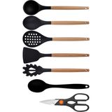 Kitchen Design Lab Siyah Bambu Silikon - Kepçe, Kaşık, Kevgir, Makarna, Açılı Spatula, Silikon Kaşık, Makas 7 li Set - Koyu Siyah
