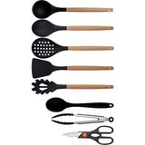 Kitchen Design Lab Siyah Bambu Silikon - Kepçe, Kaşık, Kevgir, Makarna, Açılı Spatula, Silikon Kaşık, Metal Maşa, Makas 8 li Set - Koyu Siyah