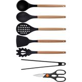 Kitchen Design Lab Siyah Bambu Silikon - Kepçe, Kaşık, Kevgir, Makarna, Açılı Spatula, Silikon Maşa, Makas 7 li Set - Koyu Siyah