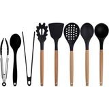 Kitchen Design Lab Siyah Bambu Silikon - Kepçe, Kaşık, Kevgir, Makarna, Açılı Spatula, Silikon - Metal Maşa, Silikon Kaşık 8 li Set - Koyu Siyah