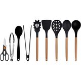 Kitchen Design Lab Siyah Bambu Silikon - Kepçe, Kaşık, Kevgir, Makarna, Açılı Spatula, Silikon - Metal Maşa, Silikon Kaşık, Makas 9 lu Set - Koyu Siyah