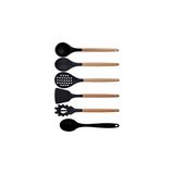 Kitchen Design Lab Siyah Bambu Silikon Kepçe Kaşık Kevgir Makarna Aparatı Açılı Spatula Silikon Kaşık Seti