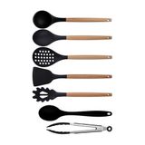 Kitchen Design Lab Siyah Bambu Silikon Kepçe, Kaşık, Kevgir, Makarna, Spatula, Metal Maşa Seti