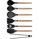 Kitchen Design Lab Siyah Bambu Silikon Servis Set - Kepçe Kaşık Kevgir, Makarna, Açılı Düz Spatula, Silikon Maşa 7 Adet - Koyu Siyah