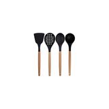 Kitchen Design Lab Siyah Bambu Silikon Servis Seti 7 Adet Kepçe Kaşık Kevgir Makarna Açılı Düz Spatula Silikon Maşa