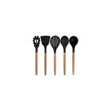 Kitchen Design Lab Siyah Bambu Silikon Servis Seti Kepçe Kaşık Kevgir Makarna 2 Spatula Silikon Metal Maşa Çırpıcı 9 Adet