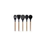 Kitchen Design Lab Siyah Bambu Silikon Servis Seti Kepçe Kaşık Kevgir Makarna 2 Spatula Silikon Metal Maşa Makas Çırpıcı