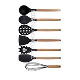 Kitchen Design Lab Siyah Bambu Silikon Servis Seti - Kepçe Kaşık Kevgir Makarna Açılı Düz Spatula Çırpıcı 7 Adet