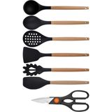 Kitchen Design Lab Siyah Bambu Silikon Servis Seti - Kepçe, Kaşık, Kevgir, Makarna, Açılı Düz Spatula, Makas 7 Adet
