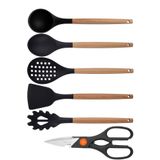 Kitchen Design Lab Siyah Bambu Silikon Servis Seti - Kepçe, Kaşık, Kevgir, Makarna, Açılı Spatula, Makas, 6 Adet