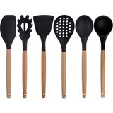 Kitchen Design Lab Siyah Bambu Silikon Set - Kepçe, Kaşık, Kevgir, Makarna, Açılı - Düz Spatula 6 lı Set - Koyu Siyah