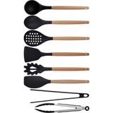 Kitchen Design Lab Siyah Bambu Silikon Set - Kepçe, Kaşık, Kevgir, Makarna, Açılı - Düz Spatula, Metal - Silikon Maşa 8 li Set - Koyu Siyah
