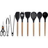 Kitchen Design Lab Siyah Bambu Silikon Set - Kepçe, Kaşık, Kevgir, Makarna, Açılı - Düz Spatula, Metal - Silikon Maşa, Makas 9 lu Set - Koyu Siyah
