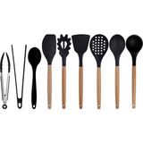 Kitchen Design Lab Siyah Bambu Silikon Set - Kepçe, Kaşık, Kevgir, Makarna, Açılı - Düz Spatula, Metal - Silikon Maşa, Silikon Kaşık 9 lu Set - Koyu Siyah
