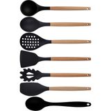 Kitchen Design Lab Siyah Bambu Silikon Set - Kepçe, Kaşık, Kevgir, Makarna, Açılı - Düz Spatula, Silikon Kaşık 7 li Set - Koyu Siyah