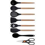 Kitchen Design Lab Siyah Bambu Silikon Set - Kepçe, Kaşık, Kevgir, Makarna, Açılı - Düz Spatula, Silikon Kaşık, Makas 8 li Set - Koyu Siyah