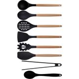 Kitchen Design Lab Siyah Bambu Silikon Set - Kepçe, Kaşık, Kevgir, Makarna, Açılı - Düz Spatula, Silikon Kaşık, Silikon Maşa 8 li Set - Koyu Siyah