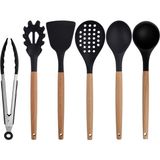 Kitchen Design Lab Siyah Bambu Silikon Set - Kepçe, Kaşık, Kevgir, Makarna, Açılı Spatula, Metal Maşa 6 lı Set