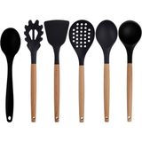 Kitchen Design Lab Siyah Bambu Silikon Set - Kepçe, Kaşık, Kevgir, Makarna, Açılı Spatula, Silikon Kaşık 6 lı Set - Koyu Siyah