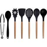 Kitchen Design Lab Siyah Bambu Silikon Set - Kepçe, Kaşık, Kevgir, Makarna, Açılı Spatula, Silikon Kaşık, Metal Maşa 7 li Set - Koyu Siyah