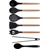 Kitchen Design Lab Siyah Bambu Silikon Set - Kepçe, Kaşık, Kevgir, Makarna, Açılı Spatula, Silikon Maşa, Silikon Kaşık 7 li Set - Koyu Siyah
