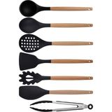 Kitchen Design Lab Siyah Bambu Silikon Set - Kepçe, Kevgir, Kaşık, Makarna, Açılı - Düz Spatula, Metal Maşa, 7 li Set - Koyu Siyah