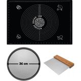 Kitchen Design Lab Siyah Silikon Hamur Açma Matı 45 x 65 Cm, 36 cm Pizza Tepsisi ve Ahşap Saplı Hamur ve Pizza Kesici