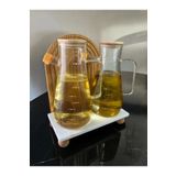 Kitchen Dream Ahşap Top Ayaklı Mermer Standlı 2 Adet 900 Ml Bambu Kapaklı Borosilikat Cam Yağdanlık Sirkelik