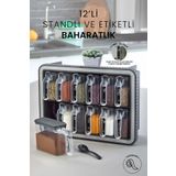 Kitchen Life 12 Li Standlı Kendinden Yapışkanlı Kapaklı Kaşıklı Baharatlık Takımı - Kulplu Baharatlık Standı