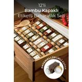 Kitchen Life 12’li Bambu Kapaklı Kare Cam Baharatlık Takımı / 40 Adet Etiket Hediyeli / 12 li Baharatlık Seti