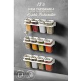 Kitchen Life 12'li Etiketli Standlı Kilitli Kaşıklı Kendinden Yapışkanlı Kare Baharatlık Takımı - Erzak Kabı Seti