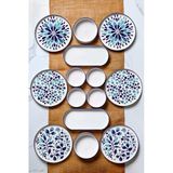 Kitchen Life 14 Parça 6 Kişilik Stackable Blue Etnik Kahvaltı Takımı - Lüx Kahvaltılık Sunum Seti Tabağı Mavi Lacivert Turkuaz Çiçekli