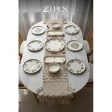 Kitchen Life 23 Parça 6 Kişilik Stackable Seramik Çiçek Desenli Sosluklu Kaşıklı Kahvaltı Takımı D-Harma Beyaz