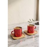 Kitchen Life 4 Parça 2 Kişilik Bambu Altlıklı Metalik Kırmızı Cam Kahve Fincan Takımı 100 ml