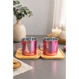 Kitchen Life 4 Parça 2 Kişilik Bambu Altlıklı Metalik Pembe Cam Kahve Fincan Takımı 100 ml