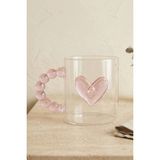 Kitchen Life 400 ml Kalp Figürlü Boncuk Kulplu Borosilikat Cam Kupa Bardak - Şeffaf
