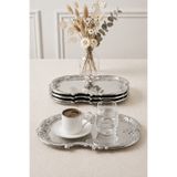 Kitchen Life 4'lü Bulut Paslanmaz Çelik Gold İşlemeli Vintage Tepsi,Sunum Tepsisi-Şık Servis Tabağı 31 cm